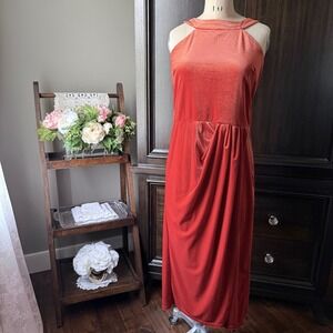 Grace Karin Burnt Orange Velvet Cowl Back Halter Midi Dress Womens 2XL‎